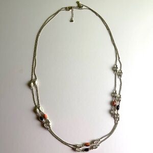 2 piece elegant silver-tone chain with spaced beads long necklace